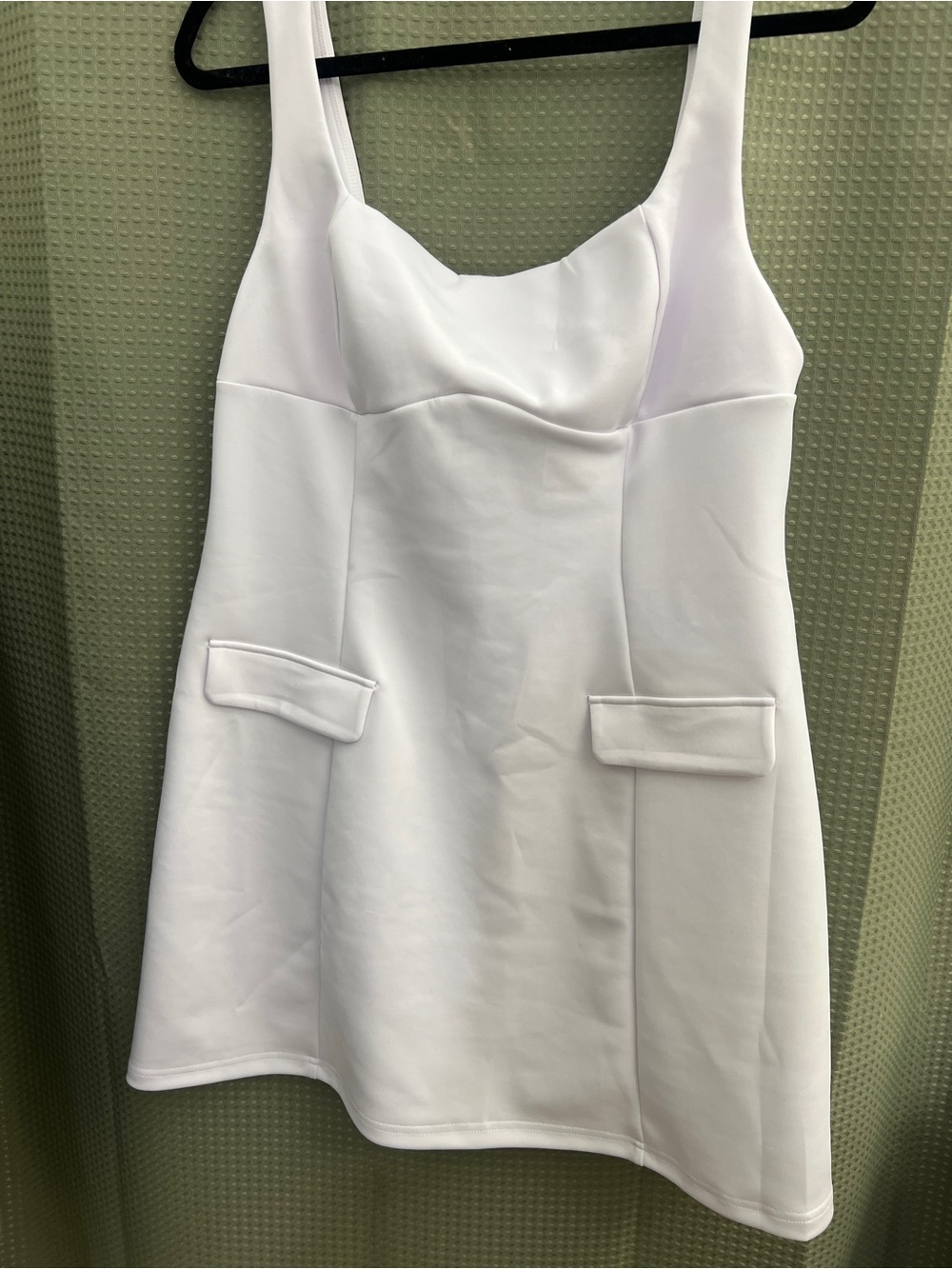 White Square-Neck Mini Dress with Flap Pockets